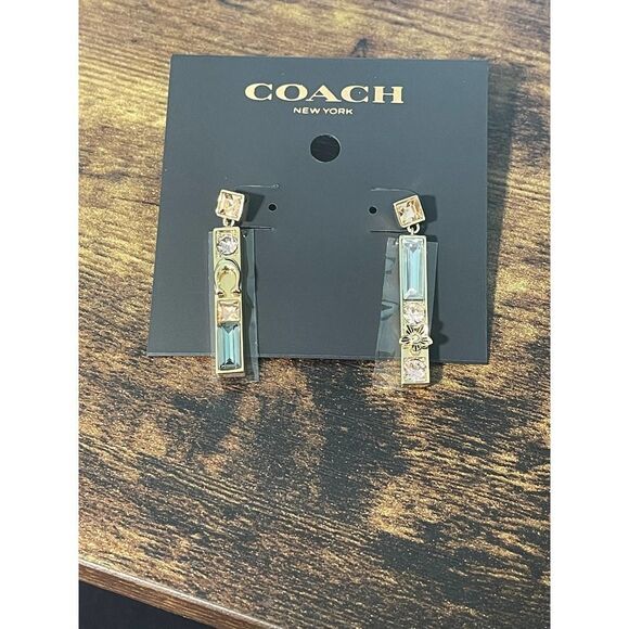 Women's Coach Crystal Gemstone Dangle Bar Earrings Gold Signature C Statement - Picture 10 of 11